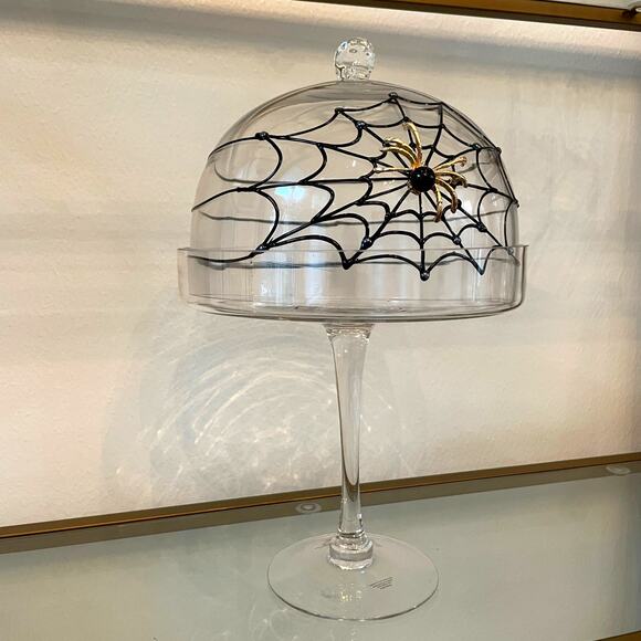 Gorgeous Halloween Glass Cloche 15in Jeweled Spider on Web Cake Dome Pedestal - Picture 2 of 10